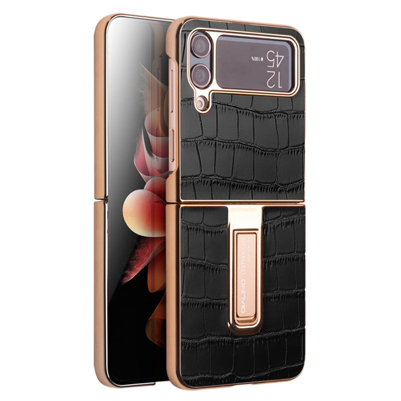 QIALINO Shockproof Case for Samsung Galaxy Z Flip4 5G Hard PC Genuine Leather Cover Anti-Drop Phone Case with Kickstand QIALINO Shockproof Case for Samsung Galaxy Z Flip4 5G Hard PC Genuine Leather Cover Anti-Drop Phone Case with Kickstand
